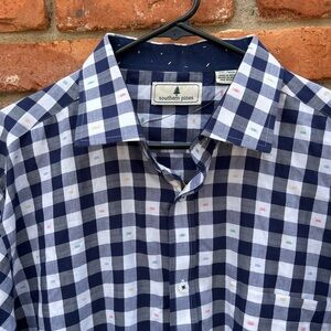 Southern Pines Men’s Navy White  Checkered Button Down Shirt Cotton L/S XXL